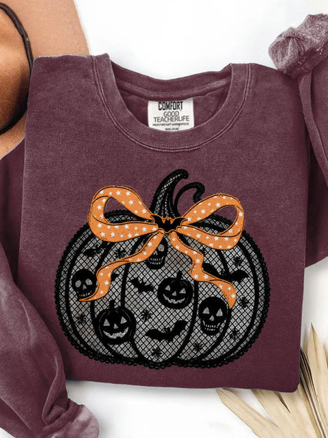 Black Lace Pumpkin Coquette Halloween Pumpkin Print Casual Sweatshirt