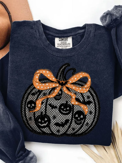 Black Lace Pumpkin Coquette Halloween Pumpkin Print Casual Sweatshirt