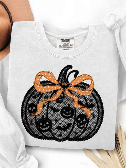 Black Lace Pumpkin Coquette Halloween Pumpkin Print Casual Sweatshirt