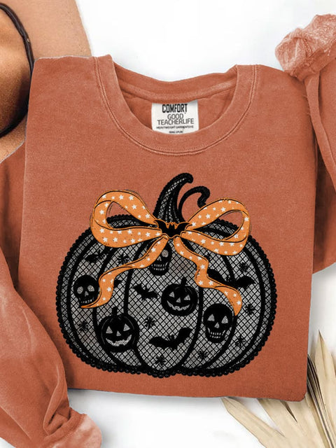 Black Lace Pumpkin Coquette Halloween Pumpkin Print Casual Sweatshirt