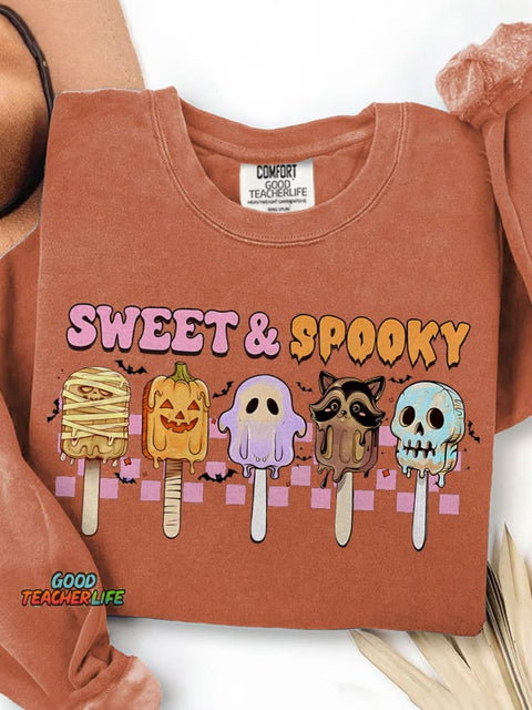 Sweet and Spooky Halloween Funny Spooky Season Trendy Halloween Ice Cream Print Casual Sweatshirt
