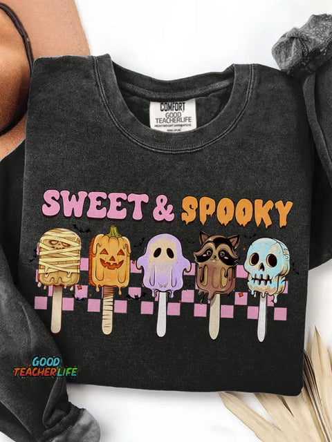Sweet and Spooky Halloween Funny Spooky Season Trendy Halloween Ice Cream Print Casual Sweatshirt
