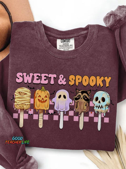 Sweet and Spooky Halloween Funny Spooky Season Trendy Halloween Ice Cream Print Casual Sweatshirt