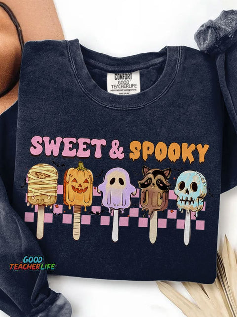 Sweet and Spooky Halloween Funny Spooky Season Trendy Halloween Ice Cream Print Casual Sweatshirt