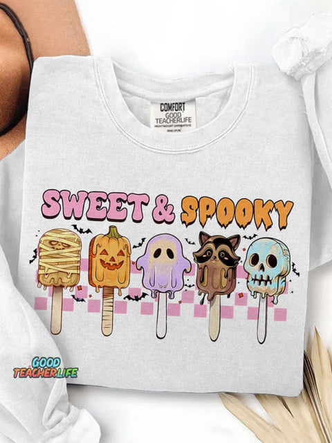 Sweet and Spooky Halloween Funny Spooky Season Trendy Halloween Ice Cream Print Casual Sweatshirt