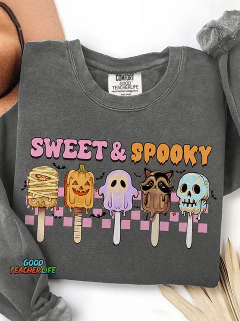 Sweet and Spooky Halloween Funny Spooky Season Trendy Halloween Ice Cream Print Casual Sweatshirt