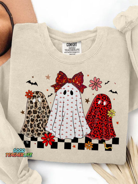 Leopard Checker Spooky Halloween Ghost Neon Print Casual Sweatshirt