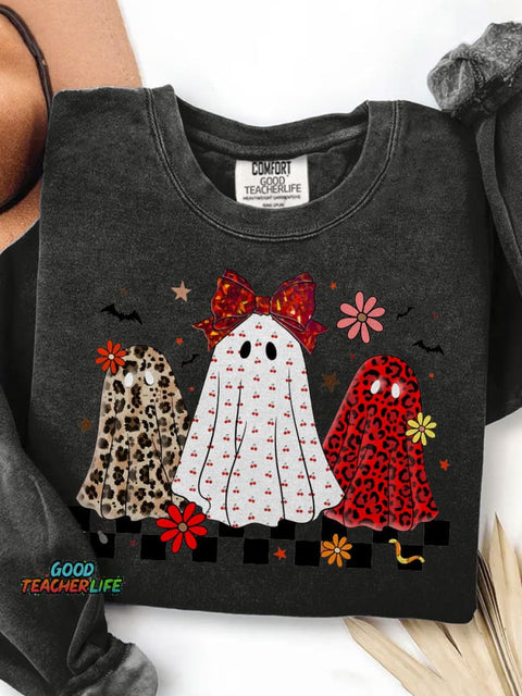 Leopard Checker Spooky Halloween Ghost Neon Print Casual Sweatshirt