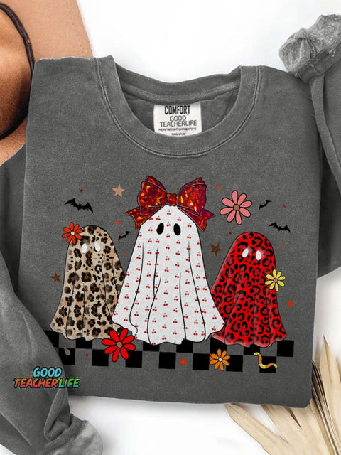 Leopard Checker Spooky Halloween Ghost Neon Print Casual Sweatshirt