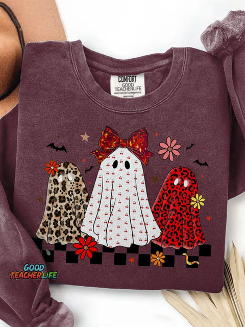 Leopard Checker Spooky Halloween Ghost Neon Print Casual Sweatshirt
