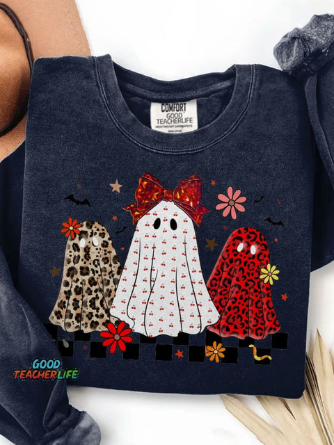 Leopard Checker Spooky Halloween Ghost Neon Print Casual Sweatshirt