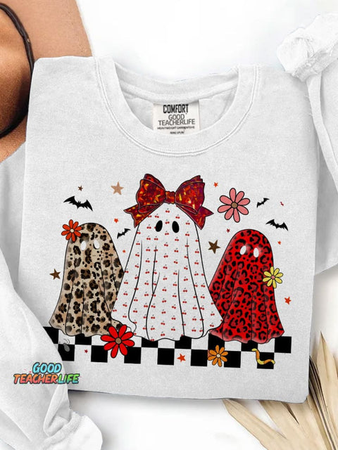 Leopard Checker Spooky Halloween Ghost Neon Print Casual Sweatshirt