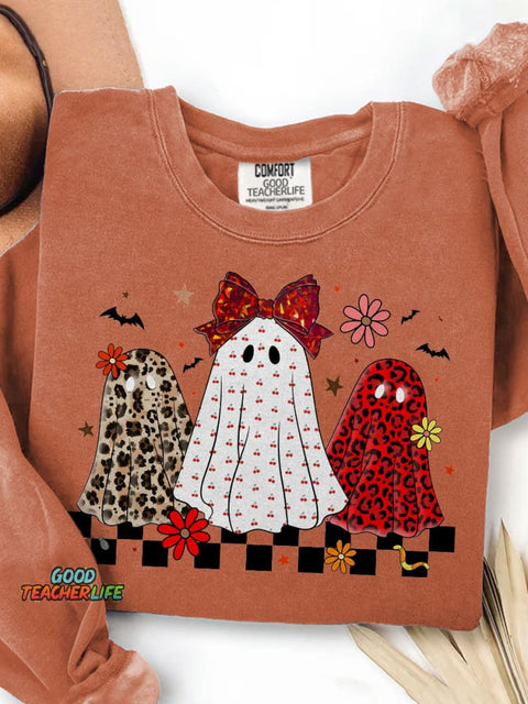 Leopard Checker Spooky Halloween Ghost Neon Print Casual Sweatshirt