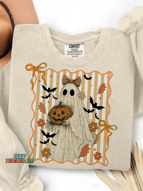 Halloween Ghost Bow Lace Ghost Witch Bat Print Casual Sweatshirt
