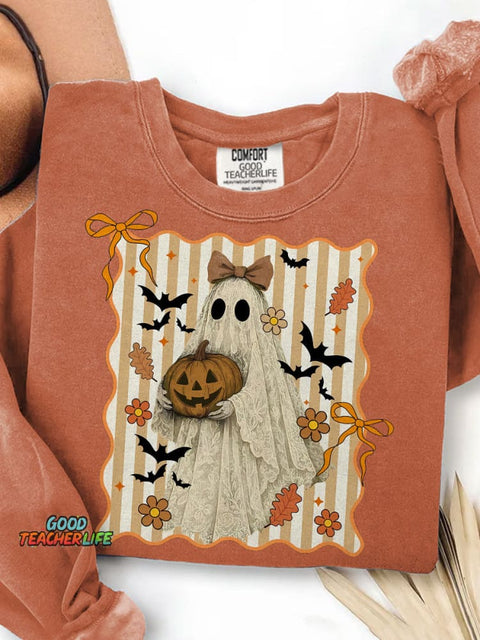 Halloween Ghost Bow Lace Ghost Witch Bat Print Casual Sweatshirt