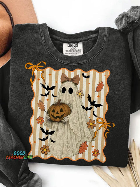 Halloween Ghost Bow Lace Ghost Witch Bat Print Casual Sweatshirt