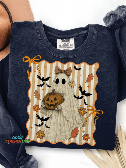 Halloween Ghost Bow Lace Ghost Witch Bat Print Casual Sweatshirt