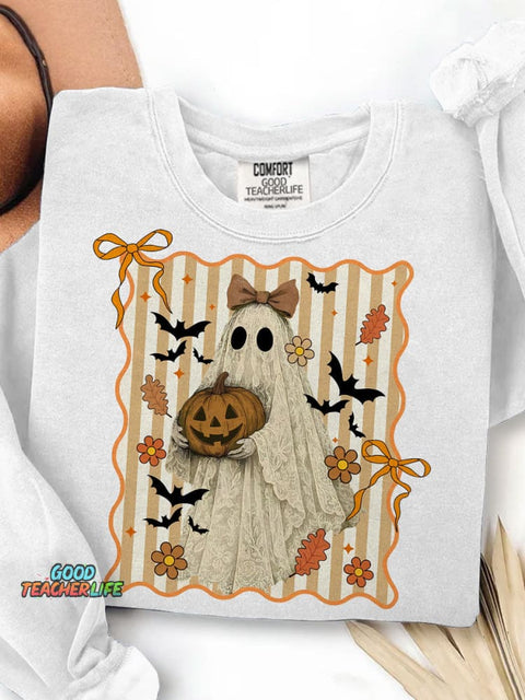 Halloween Ghost Bow Lace Ghost Witch Bat Print Casual Sweatshirt