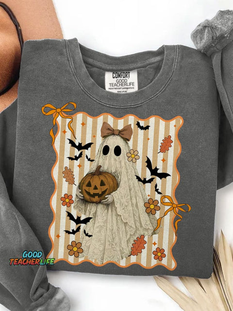 Halloween Ghost Bow Lace Ghost Witch Bat Print Casual Sweatshirt