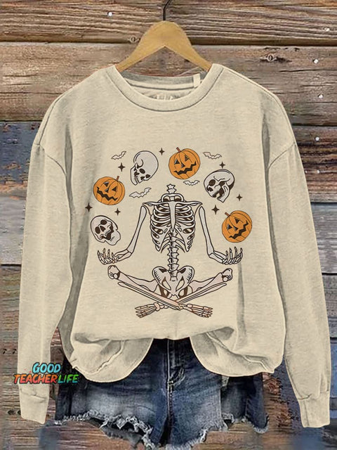 Funny Skeleton Halloween Spooky Season Print Casual Sweatshirt