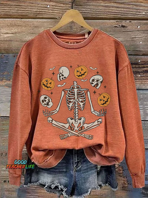 Funny Skeleton Halloween Spooky Season Print Casual Sweatshirt