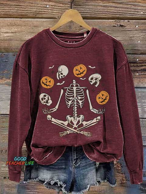 Funny Skeleton Halloween Spooky Season Print Casual Sweatshirt