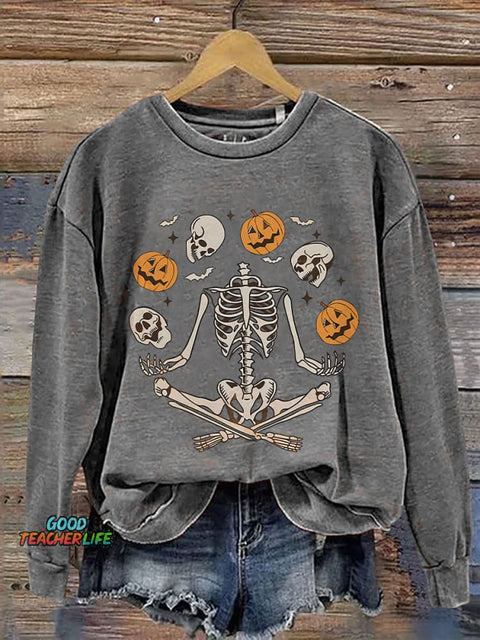 Funny Skeleton Halloween Spooky Season Print Casual Sweatshirt