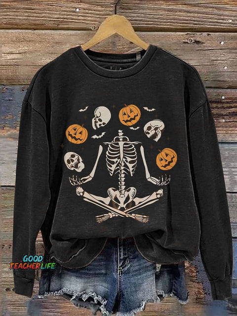 Funny Skeleton Halloween Spooky Season Print Casual Sweatshirt