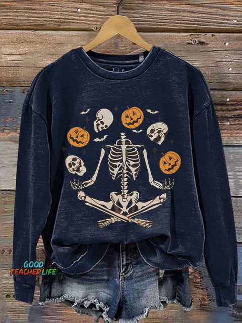 Funny Skeleton Halloween Spooky Season Print Casual Sweatshirt