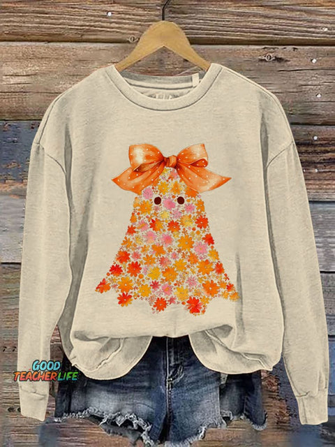 Chinoiserie Ghost Halloween Floral Boo Ghost Print Casual Sweatshirt