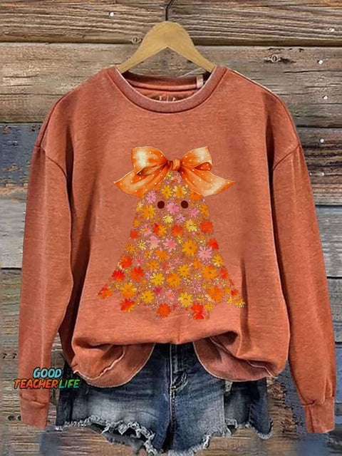 Chinoiserie Ghost Halloween Floral Boo Ghost Print Casual Sweatshirt