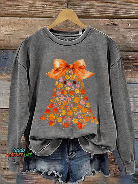 Chinoiserie Ghost Halloween Floral Boo Ghost Print Casual Sweatshirt