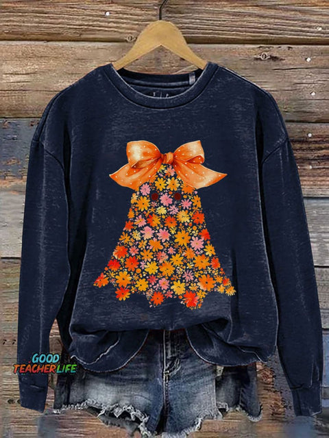 Chinoiserie Ghost Halloween Floral Boo Ghost Print Casual Sweatshirt
