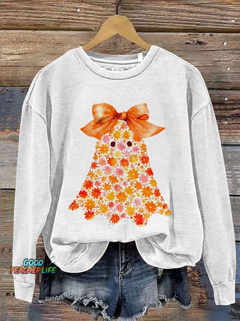 Chinoiserie Ghost Halloween Floral Boo Ghost Print Casual Sweatshirt