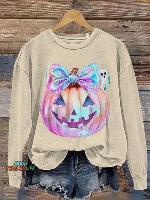 Iridescent Ghost Pumpkin Coquette Halloween Print Casual Sweatshirt