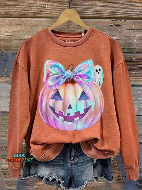Iridescent Ghost Pumpkin Coquette Halloween Print Casual Sweatshirt