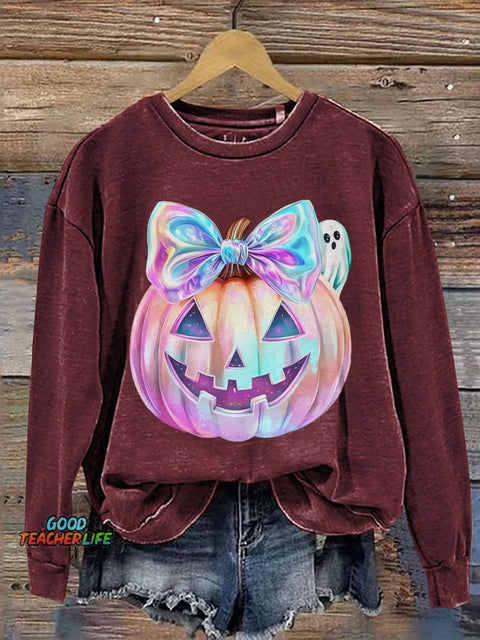 Iridescent Ghost Pumpkin Coquette Halloween Print Casual Sweatshirt