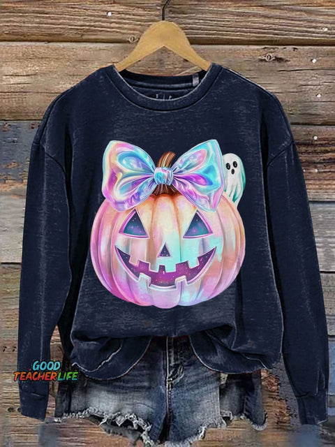 Iridescent Ghost Pumpkin Coquette Halloween Print Casual Sweatshirt