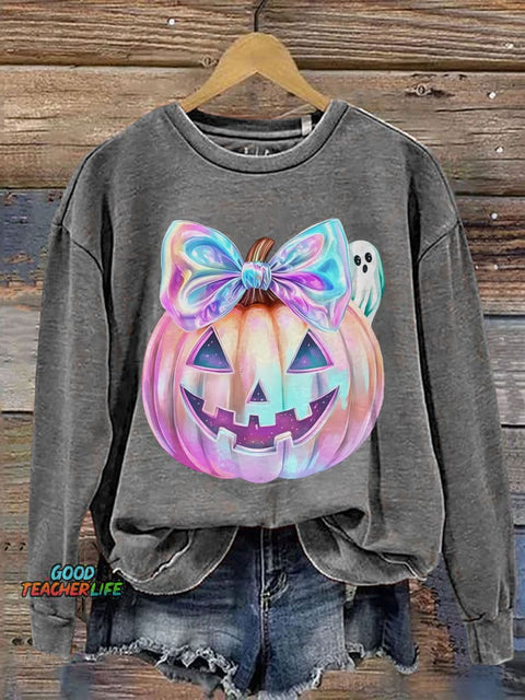 Iridescent Ghost Pumpkin Coquette Halloween Print Casual Sweatshirt