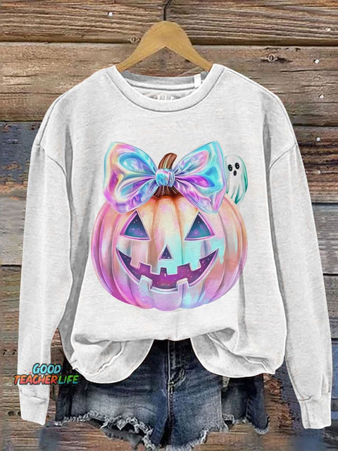 Iridescent Ghost Pumpkin Coquette Halloween Print Casual Sweatshirt