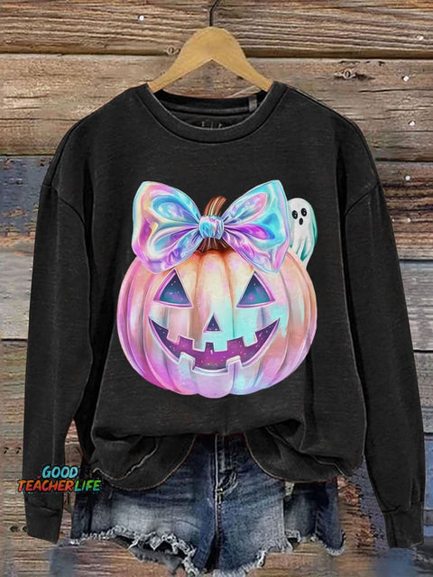Iridescent Ghost Pumpkin Coquette Halloween Print Casual Sweatshirt
