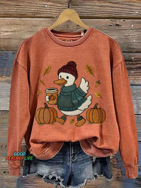 Autumn Goose Fall Coquette Girly Autumn Pumpkin Season Print Casual Sweatshirt