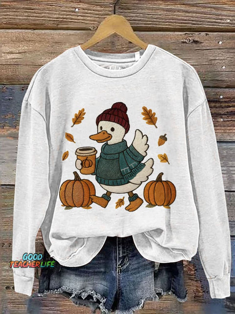Autumn Goose Fall Coquette Girly Autumn Pumpkin Season Print Casual Sweatshirt