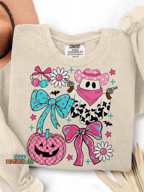 Pink Cowboy Ghost Coquette Preppy Western Halloween Print Casual Sweatshirt