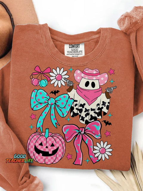 Pink Cowboy Ghost Coquette Preppy Western Halloween Print Casual Sweatshirt