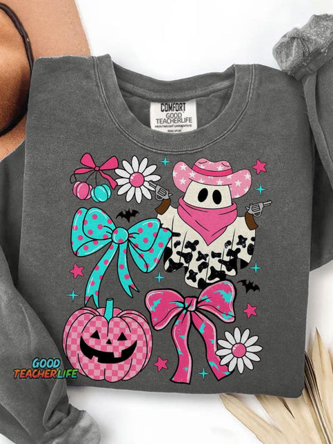 Pink Cowboy Ghost Coquette Preppy Western Halloween Print Casual Sweatshirt