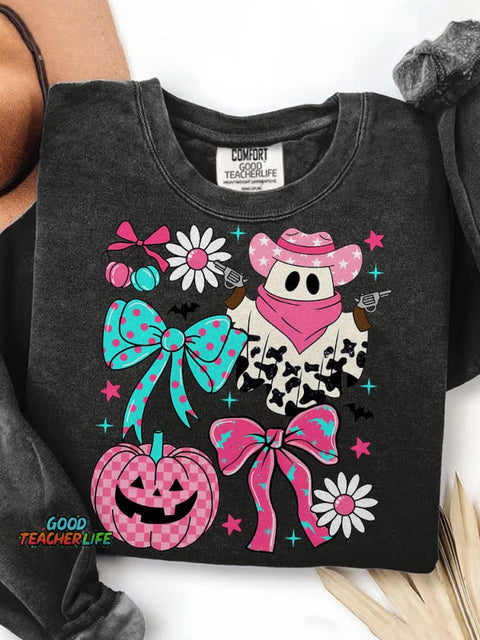 Pink Cowboy Ghost Coquette Preppy Western Halloween Print Casual Sweatshirt