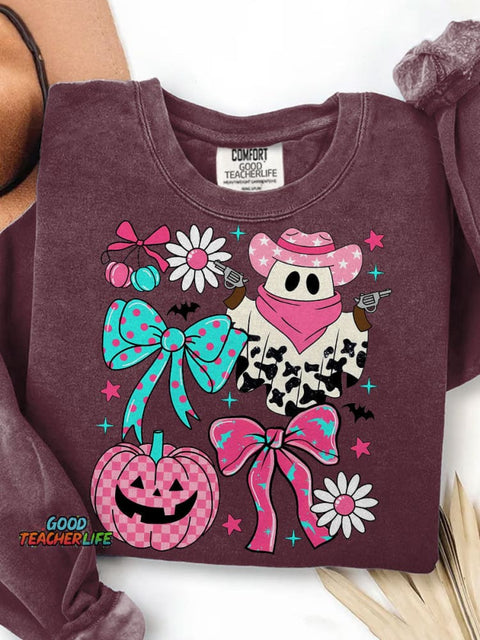 Pink Cowboy Ghost Coquette Preppy Western Halloween Print Casual Sweatshirt