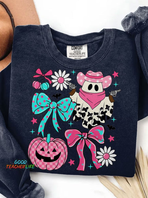 Pink Cowboy Ghost Coquette Preppy Western Halloween Print Casual Sweatshirt