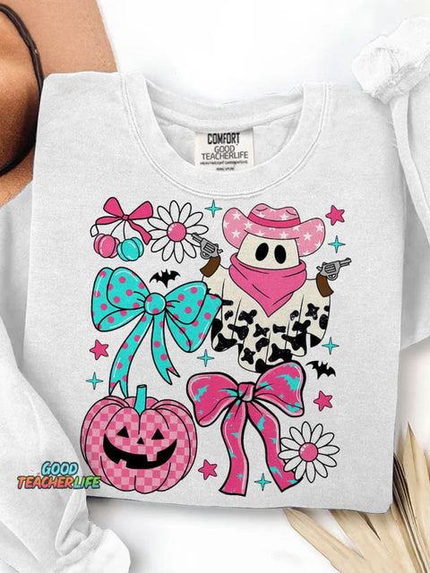 Pink Cowboy Ghost Coquette Preppy Western Halloween Print Casual Sweatshirt